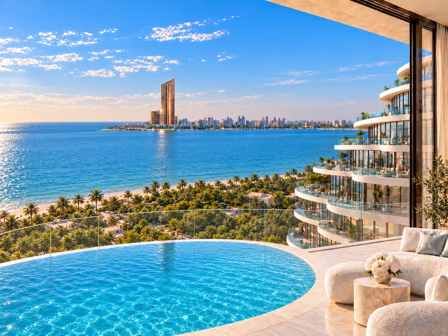 Illustrative Ras Al Khaimah penthouse terrace overlooking Al Marjan Island’s resort coastline.