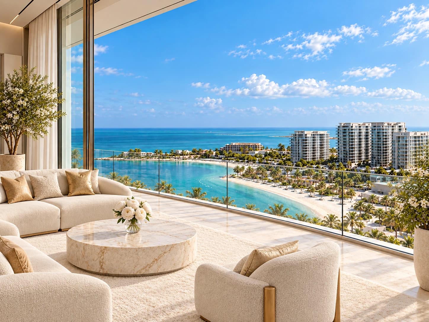Illustrative waterfront penthouse overlooking Mina Al Arab’s coastline and mangroves.