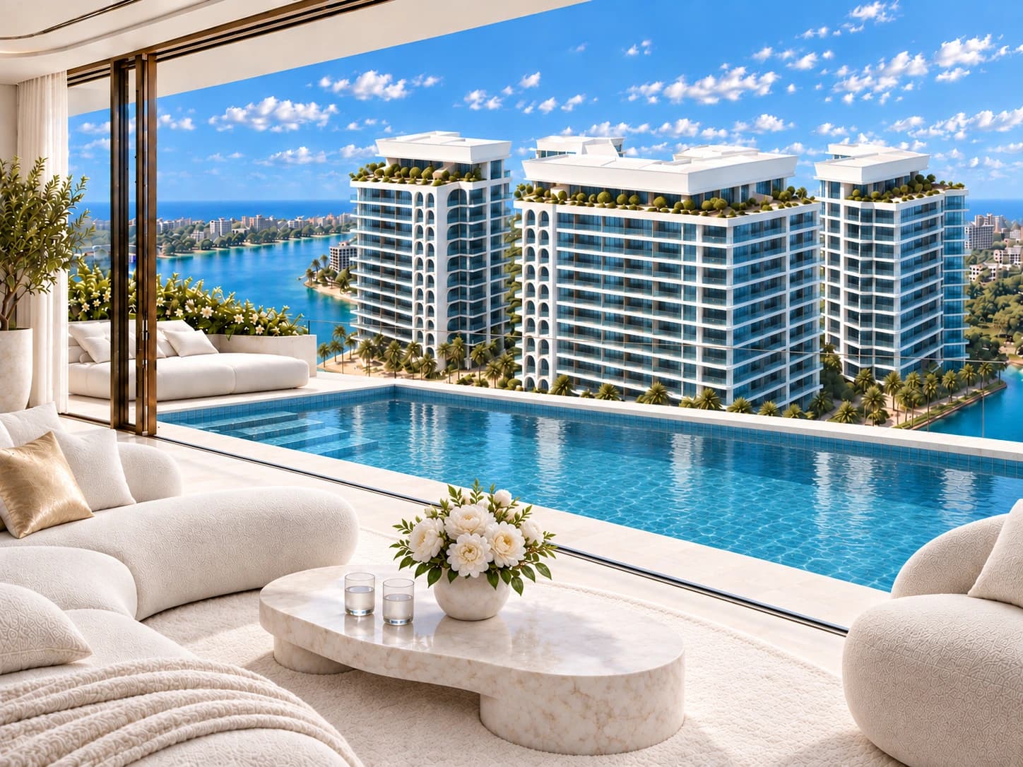 Illustrative Sharjah penthouse interior with a private terrace pool and waterfront outlook.